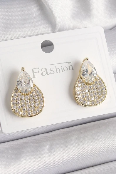 Pirinç Gold Renk Zirkon Taşlı Damla Model Kadın Küpe - TJ-BKP9870 ürün görseli 1