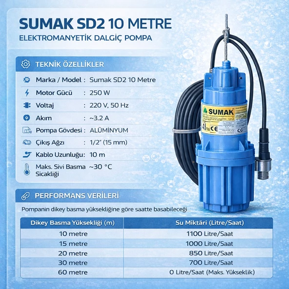 Sumak 250W 220V 10 Mt Elektromanyetik Dalgıç Pompa (SD2) - Resim 2