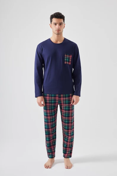 Erkek Pamuklu Göğüs Cepli Ekose Desenli Uzun Kollu Cep Detaylı Pijama Takımı ürün görseli 1