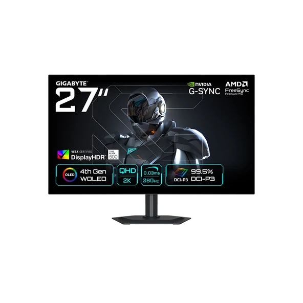 GIGABYTE MO27Q28G WOLED 2K QHD 280Hz 0.03Ms, FreeSync Premium Pro,G-SYNC Compatible,DisplayHDR True Black 500, Gaming Monitor ürün görseli 1