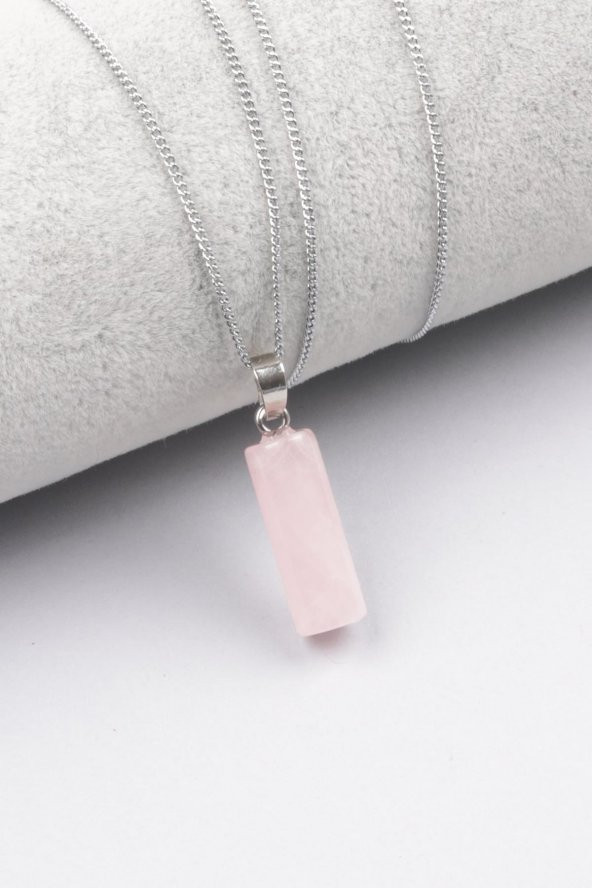 Pembe Kuvars Doğal Taş Silindir Kesim Kolye ürün görseli 1