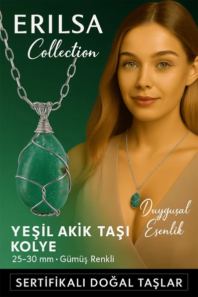 Sertifikalı Gümüş Tel Sargılı Doğal Yeşil Akik Taşı Kolye – 25-30 mm Huzur ve Denge Taşı ürün görseli 1