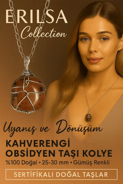 Sertifikalı Gümüş Tel Sargılı Kahverengi Obsidyen Taşı Kolye – 30-35 mm Koruma ve Dönüşüm Taşı ürün görseli 1