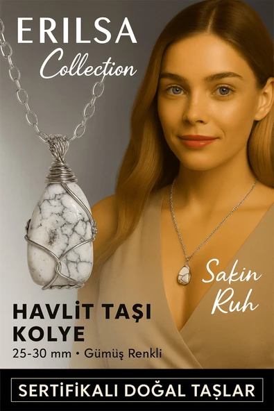 Sertifikalı Gümüş Tel Sargılı Doğal Havlit Taşı Kolye – 25-30 mm Huzur ve Bilgelik Taşı ürün görseli 1