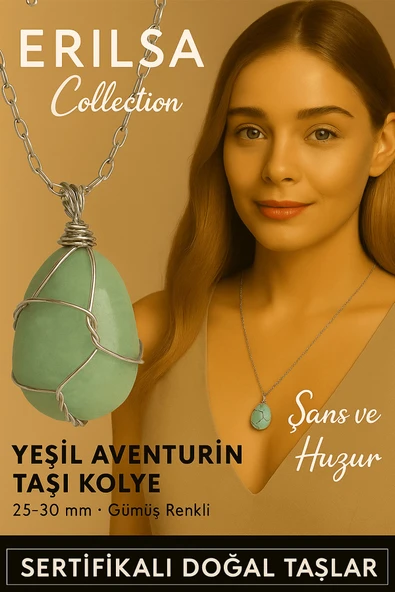 Sertifikalı Gümüş Tel Sargılı Doğal Aventurin Taşı Kolye – 25-30 mm Şans ve Denge Taşı ürün görseli 1