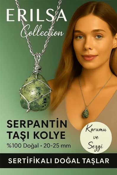 Sertifikalı Gümüş Tel Sargılı Serpantin Yılan Taşı Kolye – 20-25 mm Denge ve Arınma Taşı ürün görseli 1