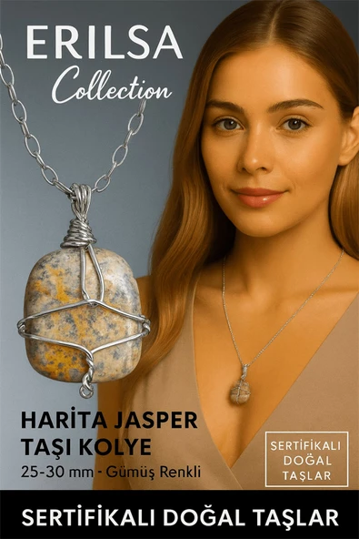 Sertifikalı Gümüş Tel Sargılı Doğal Harita Jasper (Kahverengi Jasper) Kolye – 30-35 mm Denge ve Güç Taşı ürün görseli 1