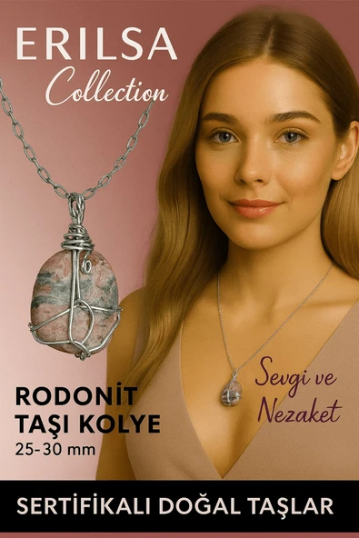 Sertifikalı Gümüş Tel Sargılı Doğal Rodonit Taşı Kolye – 25-30 mm Sevgi ve Şefkat Taşı ürün görseli 1