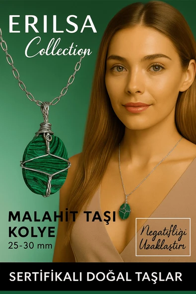 Sertifikalı Gümüş Tel Sargılı Doğal Malakit Taşı Kolye – 20-25 mm Koruma ve Dönüşüm Taşı ürün görseli 1