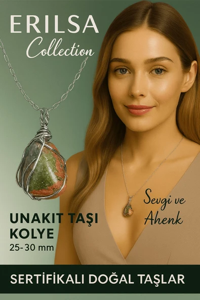Sertifikalı Gümüş Tel Sargılı Doğal Unakit Taşı Kolye – 25-30 mm Denge ve Şifa Taşı ürün görseli 1