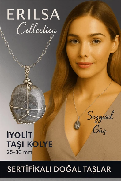 Sertifikalı Gümüş Tel Sargılı Doğal İyolit Taşı Kolye – 25-30 mm Sezgi ve Ruhsal Denge Taşı ürün görseli 1