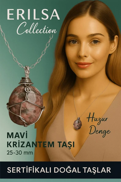 Sertifikalı Gümüş Tel Sargılı Doğal Mavi Krizantem Taşı Kolye – 20-25 mm Huzur ve Farkındalık Taşı ürün görseli 1