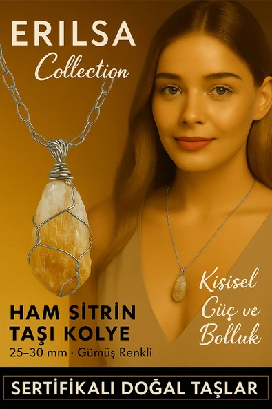 Sertifikalı Gümüş Tel Sargılı Diş Formu Sitrin Taşı Kolye – 25-30 mm Bereket ve Enerji Taşı ürün görseli 1