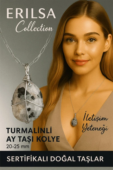 Sertifikalı Gümüş Tel Sargılı Doğal Turmalinli Ay Taşı Kolye – 25-30 mm Sezgi ve Denge Taşı ürün görseli 1