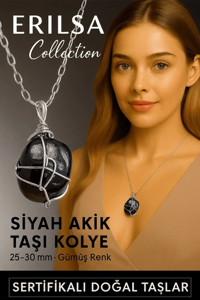 Sertifikalı Gümüş Tel Sargılı Doğal Siyah Akik Taşı Kolye – 25-30 mm Koruma ve Güç Taşı ürün görseli 1