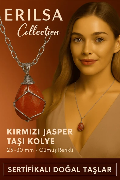 Sertifikalı Gümüş Tel Sargılı Doğal Kırmızı Jasper Taşı Kolye – 25-30 mm Enerji ve Güç Taşı ürün görseli 1