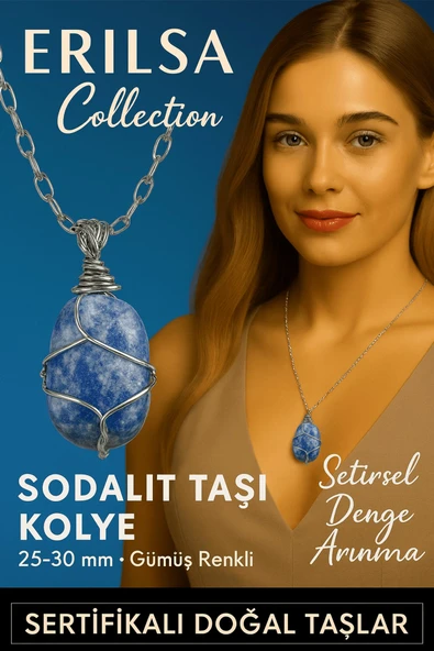 Sertifikalı Gümüş Tel Sargılı Doğal Sodalit Taşı Kolye – 25-30 mm Zihin ve Denge Taşı ürün görseli 1
