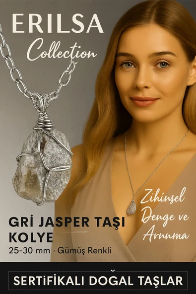 Sertifikalı Ham Doğal Gri Jasper Taşı Kolye – 25-30 mm Denge ve Koruma Taşı ürün görseli 1