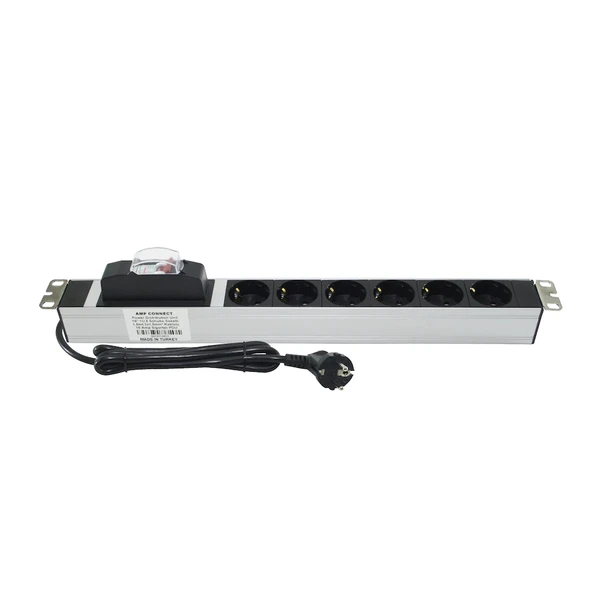 19" 1U 6'Lı Schuko Sigortalı Aluminyum Rack Kabin Grup Priz Pdu ürün görseli 1