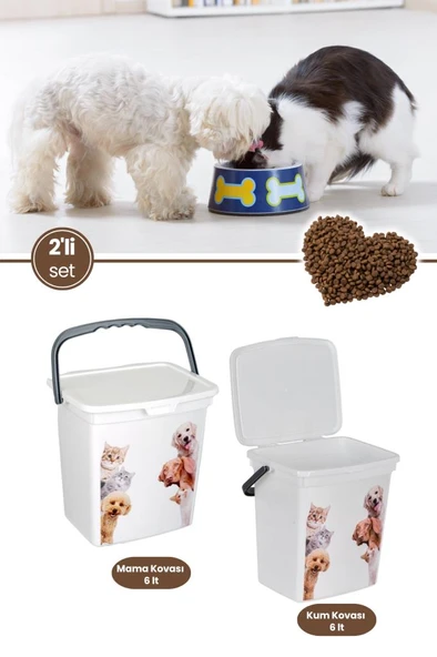 2’li Evcil Hayvan Mama Kovası Seti, 2 Adet Kapaklı Kulplu Kedi Köpek Mama Saklama Kabı Kutusu 6lt ürün görseli 1