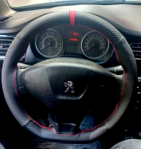 DİKİŞLİ DİREKSİYON KILIFI KARBON DERİ NOKTALI DERİ KIRMIZI YÜZÜK KIRMIZI DİKİŞ PEUGEOT 301 İÇİN ürün görseli 1
