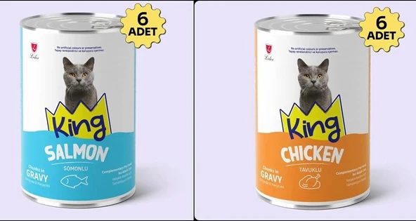 King Sos İçerisinde Et Parçacıklı Tavuklu ve Somonlu Kedi Konservesi 400 Gr*12 Adet ürün görseli 1