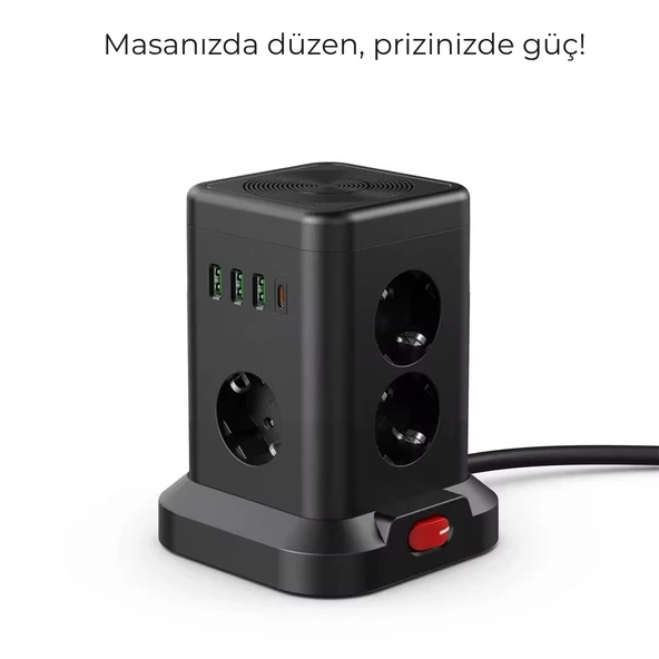 3 USB-A  1 Type C Çıkışlı Kule Tipi Akım Korumalı Çoklu Priz  Tek Tuş Kontrollü Masaüstü Tasarım ürün görseli 1