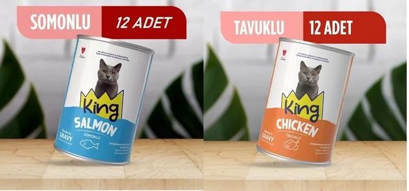 KKing Sos İçerisinde Et Parçacıklı Tavuklu ve Somonlu Kedi Konservesi 400 Gr*24 Adet ürün görseli 1