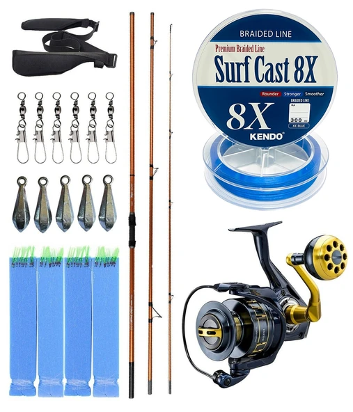 YekOutdoor Profesyonel Olta Seti Okuma Trio Rex Surf 450cm 120-250 gr 3 Parça Surf Kamışı&Okuma Salina SA-6000HA Blue 6+1BB Olta Makinesi ürün görseli 1