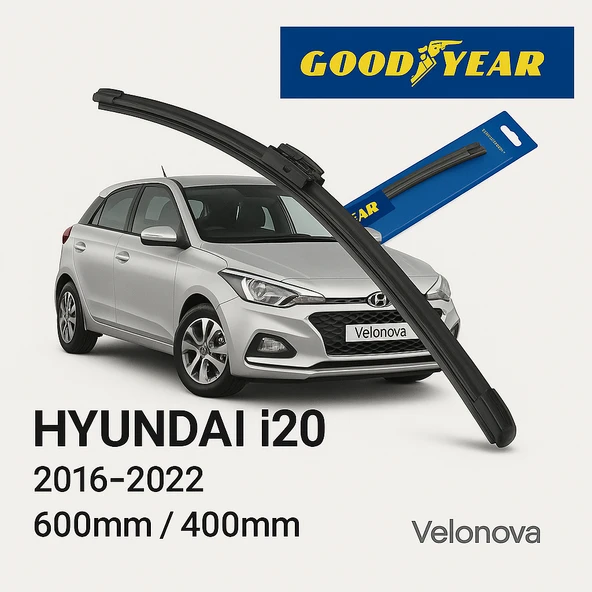 Velonova GOOD YEAR 2’li Set Muz Tipi Silecek Takımı Hyundai i20 2016-2022 Ön Cam Sileceği 600mm-400mm ürün görseli 1