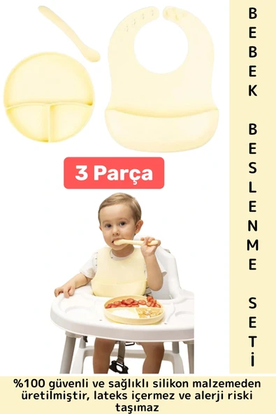 Kaymaz Sağlıklı Önlük Diş Kaşıyıcılı Kaşık Vakumlu Tabak 3 Parça Silikon Bebek Beslenme Seti Sarı ürün görseli 1