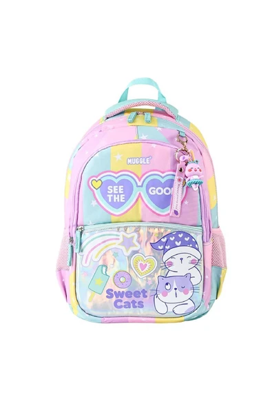 MUGGLE 3 Bölmeli Good Be Kind Okul Sırt Çantası Pembe-Yeşil (MU-5735) ürün görseli 1