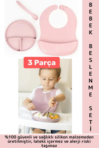 Kaymaz Sağlıklı Önlük Diş Kaşıyıcılı Kaşık Vakumlu Tabak 3 Parça Silikon Bebek Beslenme Seti Pembe ürün görseli 1