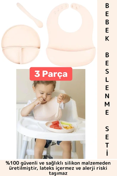 Kaymaz Sağlıklı Önlük Diş Kaşıyıcılı Kaşık Vakumlu Tabak 3 Parça Silikon Bebek Beslenme Seti Krem ürün görseli 1