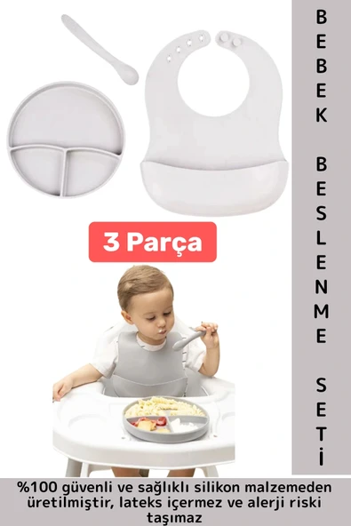 Kaymaz Sağlıklı Önlük Diş Kaşıyıcılı Kaşık Vakumlu Tabak 3 Parça Silikon Bebek Beslenme Seti Gri ürün görseli 1