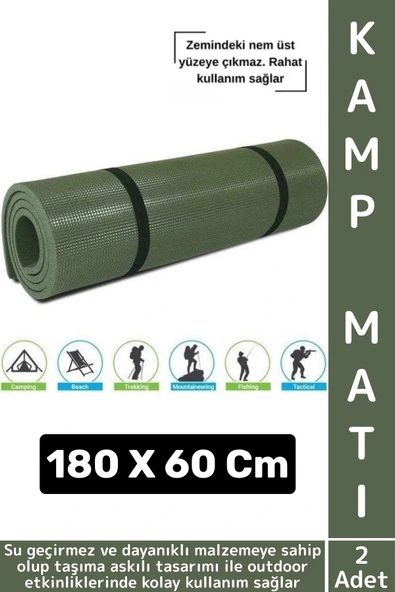 Dayanıklı Kamp Outdoor Yoga Pilates Su Geçirmez 12 Mm Kalın Köpük 180 X 60 Cm Askeri Haki Mat 2 Adet ürün görseli 1