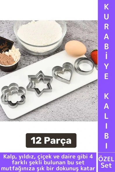 Yanmaz Yapışmaz Şık Yıldız Daire Çiçek Kalp Tasarım Mutfak Omlet Kek Kurabiye Kalıbı Seti 12 Parça ürün görseli 1