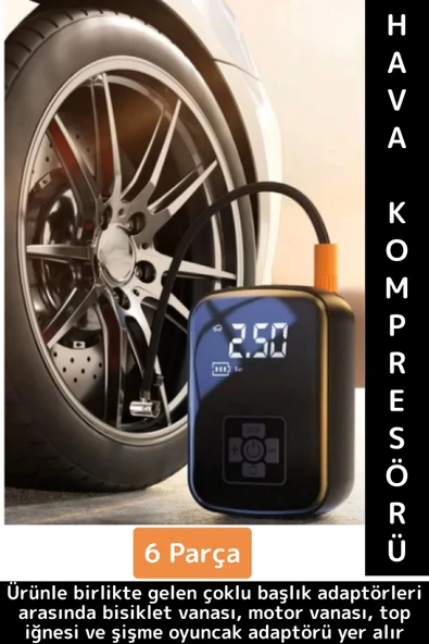 Premium Araba Motosiklet Bisiklet Şişme Yatak Dijital Led Ekranlı Şarjlı Hava Kompresörü 6 Parça ürün görseli 1