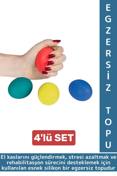 Ergonomik Stres Egzersiz Rehabilitasyon Fizyoterapi Silikon El Bilek Parmak Güçlendirme Topu 4lü SET ürün görseli 1