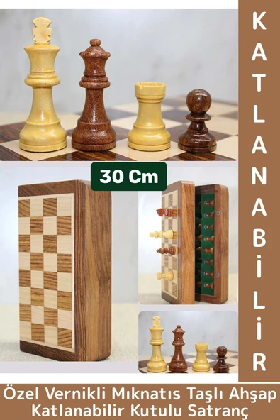 Premium Yüksek Kaliteli Özel Vernikli Mıknatıs Taşlı Ahşap Katlanabilir Kutulu Satranç Takımı 30 Cm ürün görseli 1