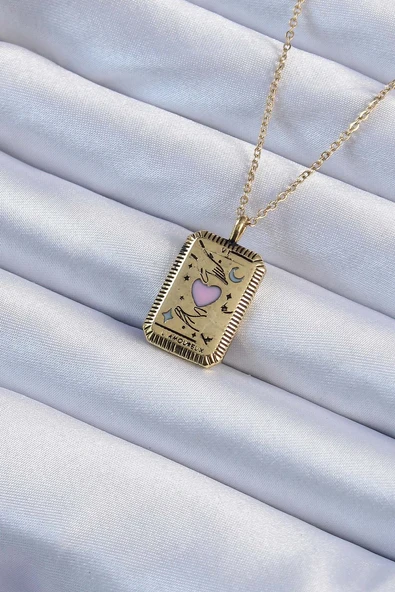 316L Çelik Zincir Eskitme Altın Renk Pembe Mineli Kalp Figürlü Tarot Kolye - TJ-BKO9231 ürün görseli 1