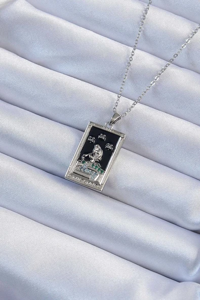 316L Çelik Zincir Gümüş Renk Zirkon Taşlı Siyah Mineli Kız Figürlü Tarot Kolye - TJ-BKO9228 ürün görseli 1