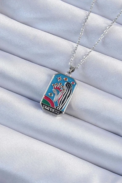 316L Çelik Zincir Gümüş Renk Taç ve Kız Figürlü Renkli Mineli Tarot Kolye - TJ-BKO9230 ürün görseli 1