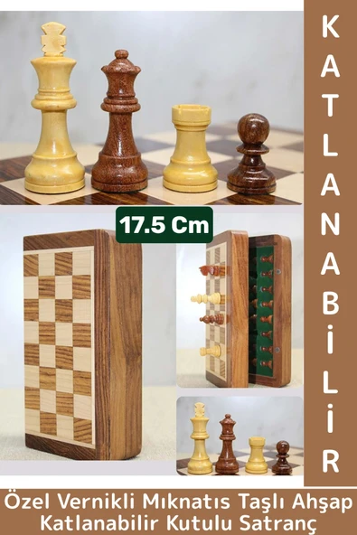 Premium Yüksek Kalite Özel Vernikli Mıknatıs Taşlı Ahşap Katlanabilir Kutulu Satranç Takımı 17.5 Cm ürün görseli 1