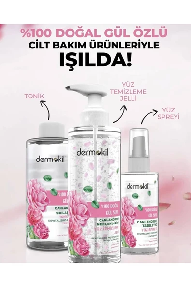 Dermokil %100 Doğal Gül Suyu Cilt Bakım Seti Jel+Tonik+Sprey ürün görseli 1