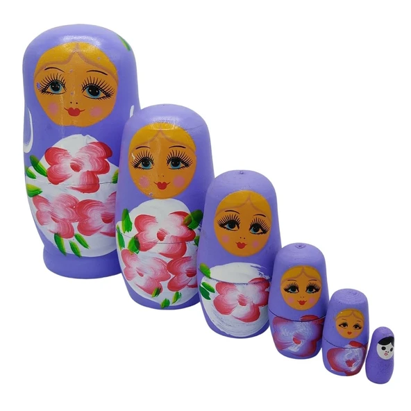Ahşap Matruşka Bebek Altılı Set Mor - Resim 2
