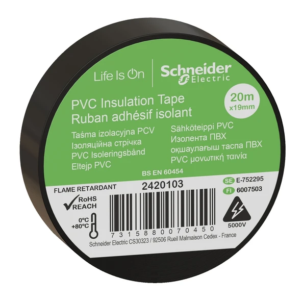 Schneider Electric 2420103 Siyah İzole Bant 19mmx20 Metre 8'li Paket ürün görseli 1