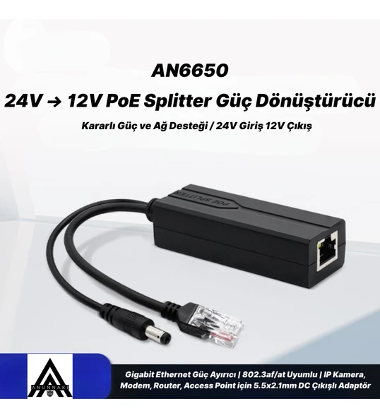 AN6650 PoE Splitter Adaptör 24V to 12V Gigabit Ethernet IP Kamera NVR Modem Access Point Dönüştürücü ürün görseli 1