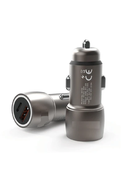 3.1A 30W PD Q.C. 3.0 1xType-C + 1xUSB-A Çıkışlı Hızlı Araç Şarj Cihazı - Metalik Füme ürün görseli 1
