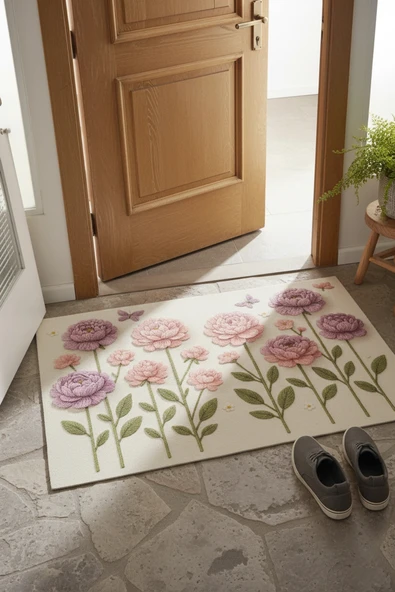 Valerine Life İplikten Düşler Nakışlı Şakayık Çiçekler Welcome Hoş Geldiniz Dijital Baskı Kapı Önü Paspası 45x70cm ürün görseli 1